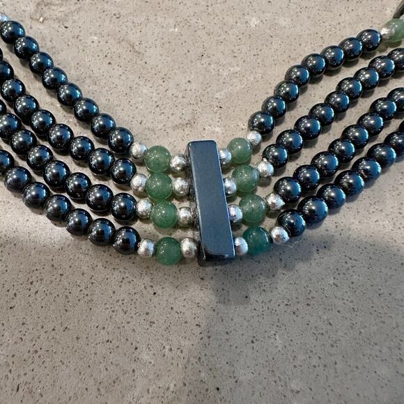 Vintage Hematite & Green Beaded Statement Necklace - Picture 3 of 10